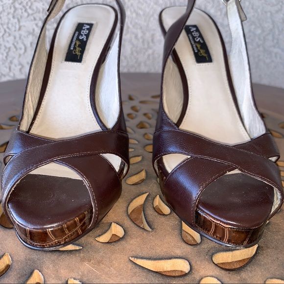 ABS Brown Leather Peep Toe Sling Back High Heeled Shoes Sz 7.5B - Picture 3 of 11